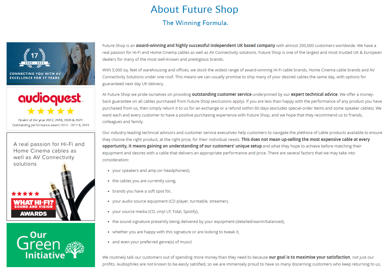 Ecommerce fulfillment and CX: future shop's about us page