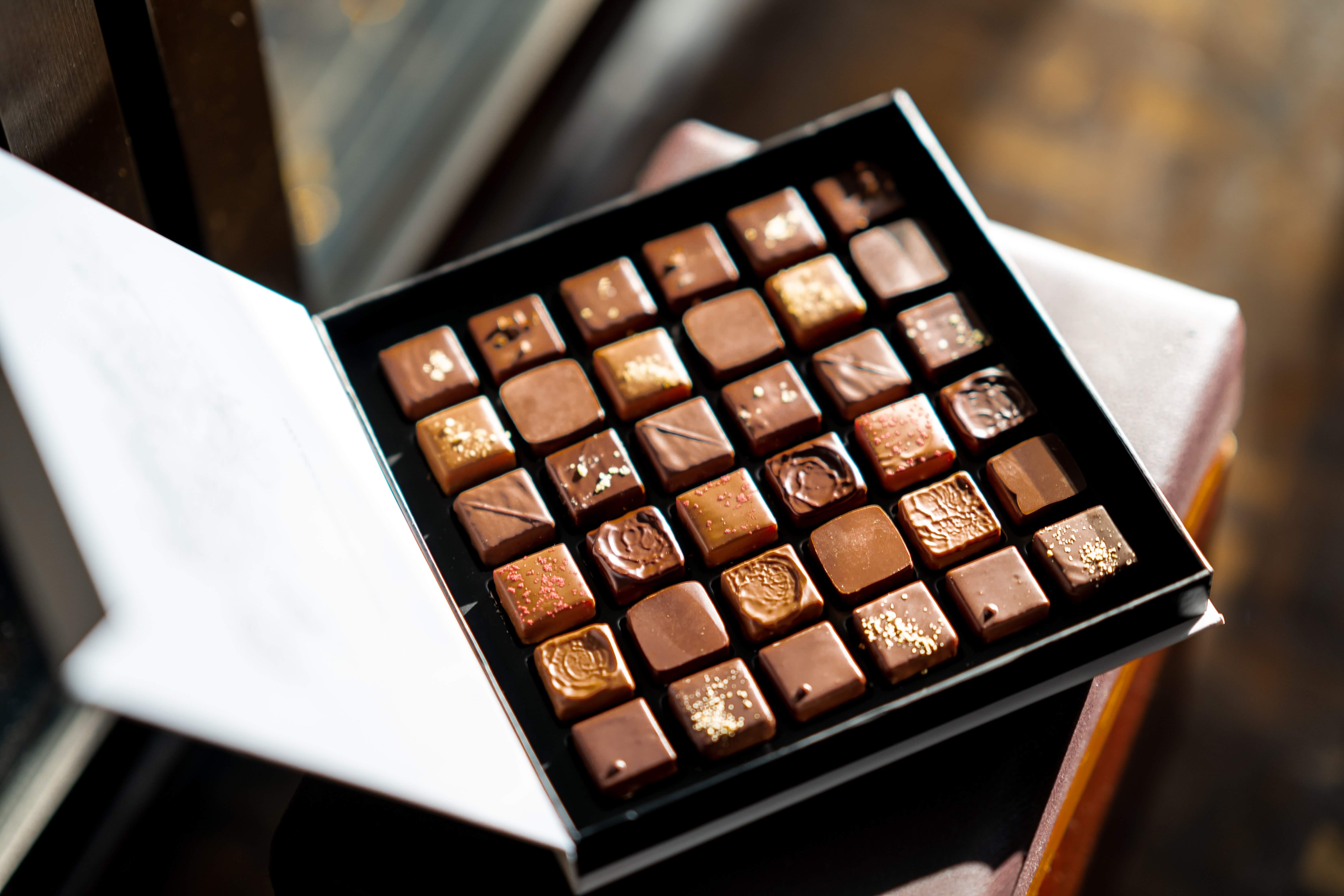 Fulfillment for Sweets. Picture of a package of chocolate pralines, so-called tray. 