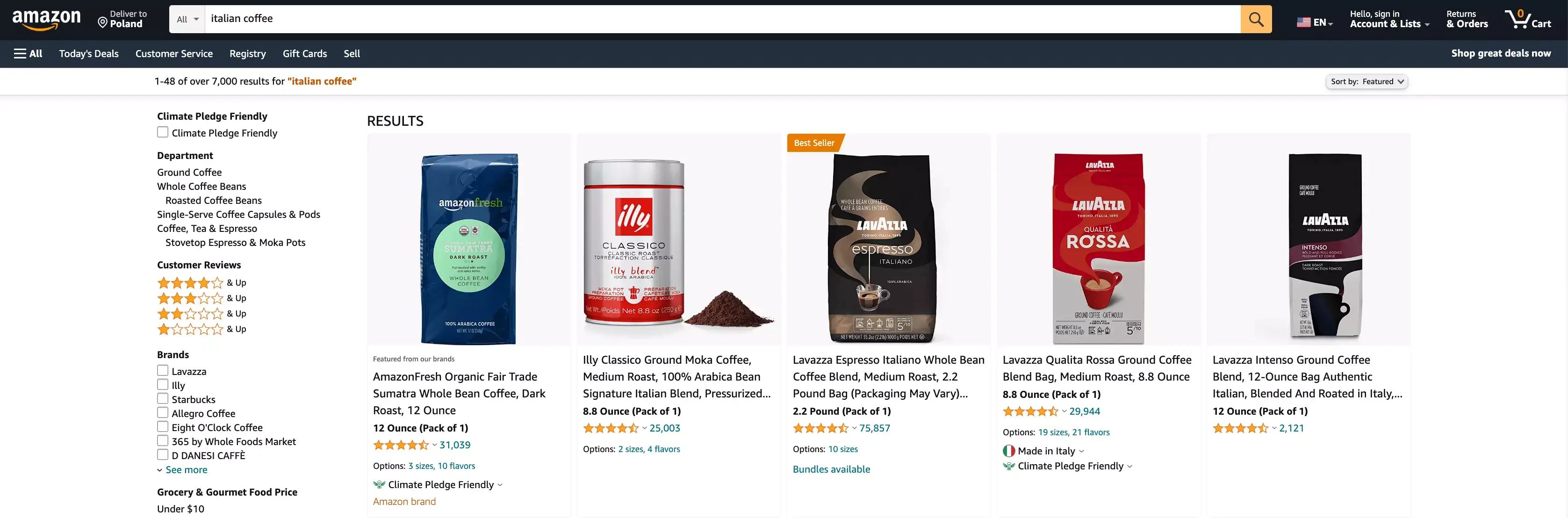 Example of search listing for the "Italian coffee" keyword.