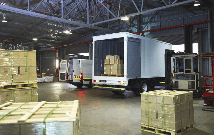 Truck in a fulfillment warehouse waiting for further parcels' loading.