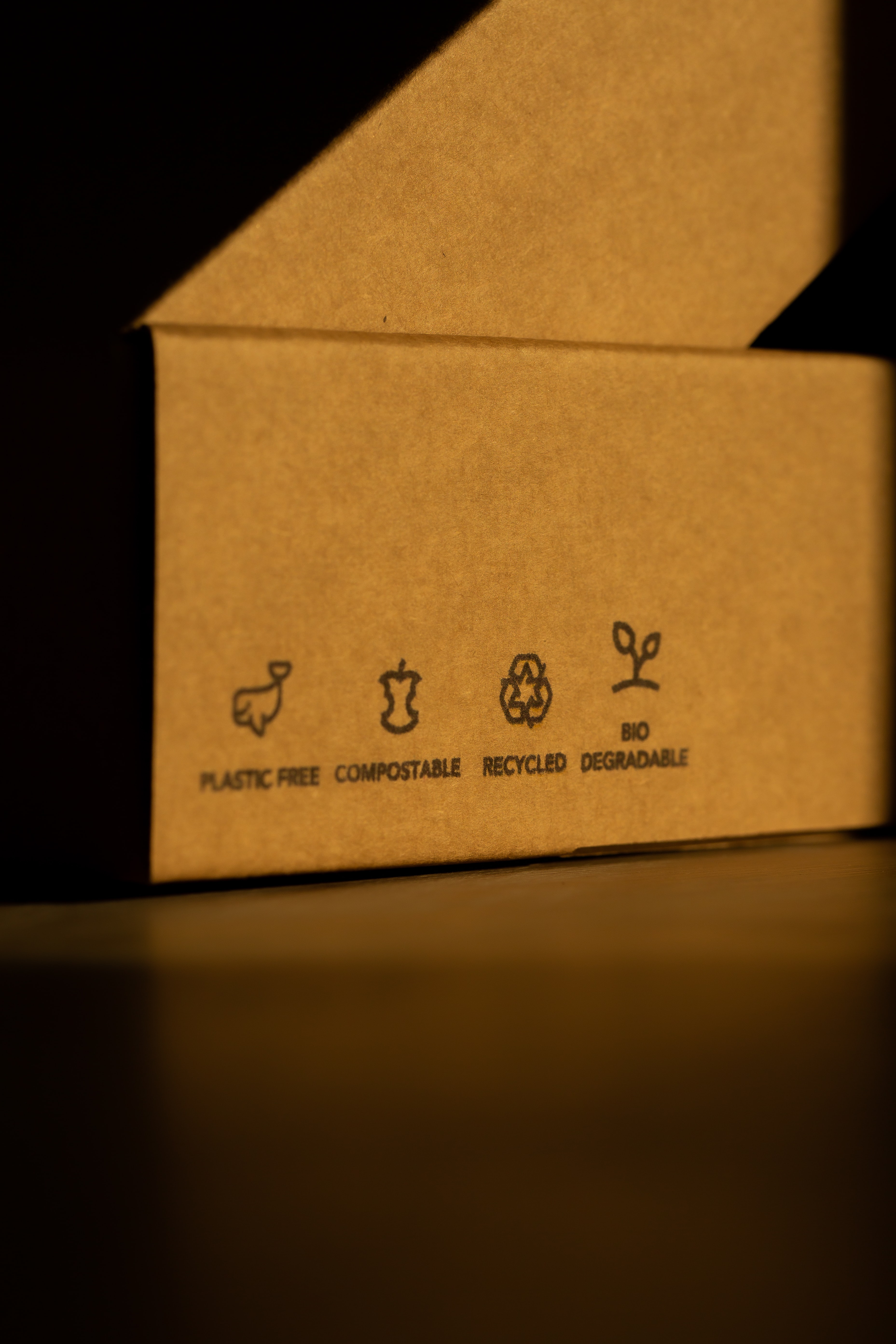 Sustainable packaging: cardboard box with icons informing about recycling, biodegradability and being eco.